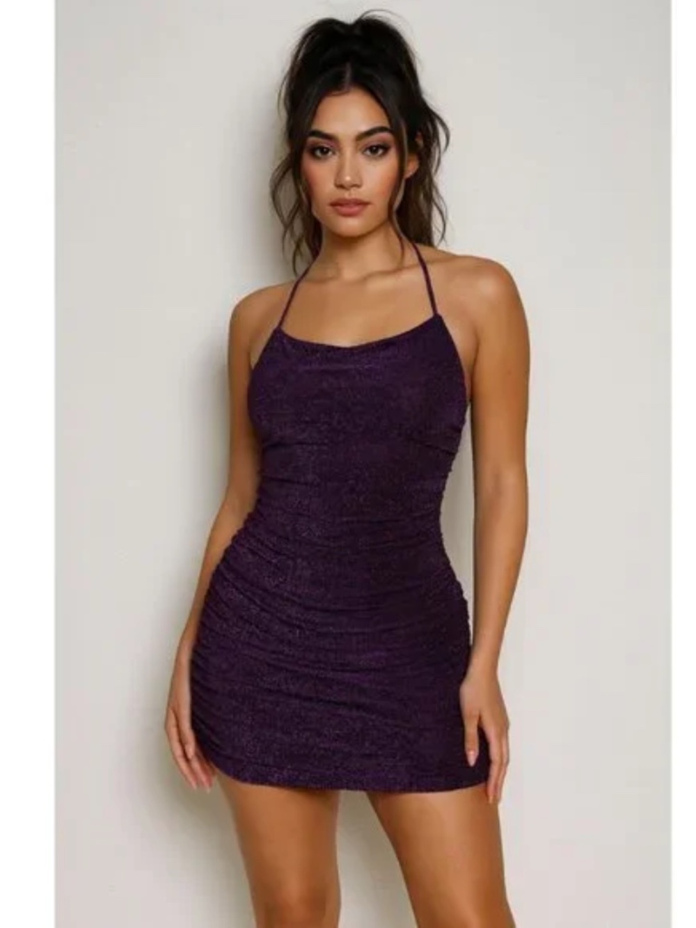 Charlotte Russe Purple Metallic Bodycon Mini Dress Sparkle Ruched Party Small
